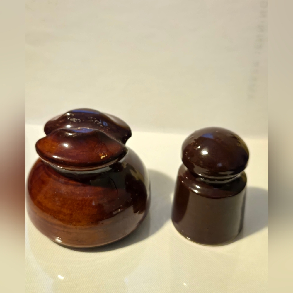 Set Of Ceramic Electric Insulators Both Brown Glazed. See Pics For Details.